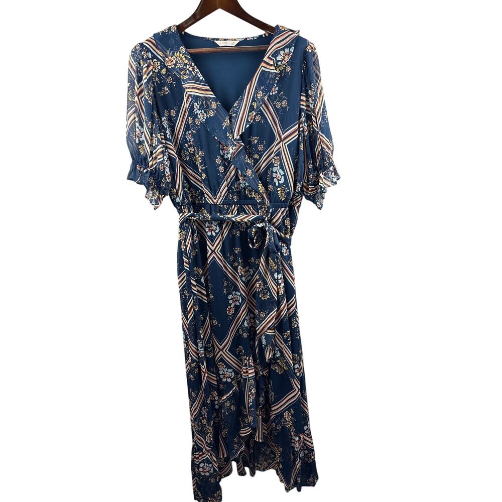 Women’s Lauren Conrad Size 2X Dark Blue Floral Patterned Faux Wrap Maxi Dress
